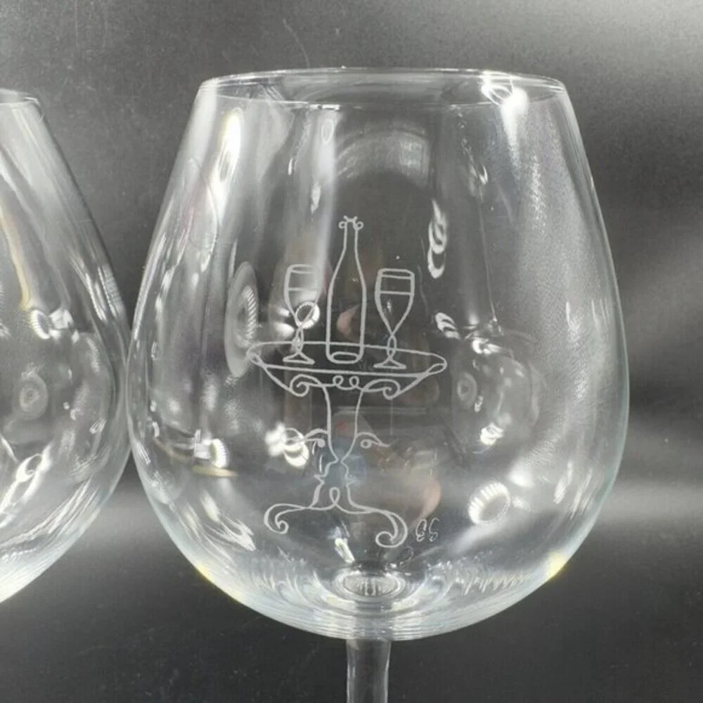 Robert Neubecker Flemings Signature Clear‎ Wine Glasses Cup Etched Barware Set 2